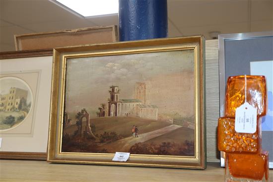 Early 19th century English School, oil on board, Figures passing a ruined church 27 x 38cm